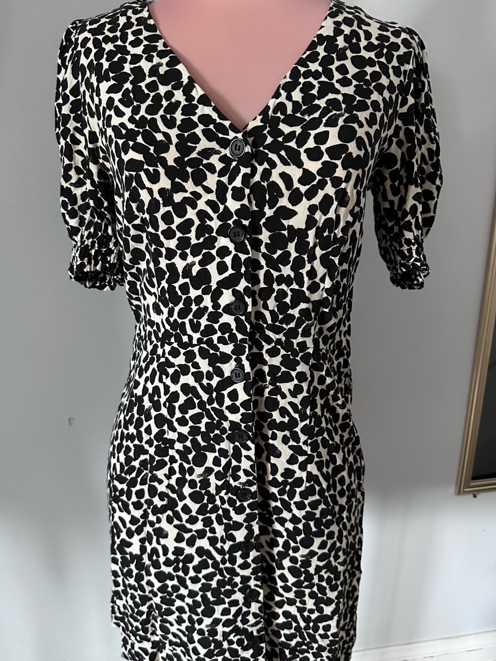 H&M Black and White Printed V-Neck Button-Front Midi Dress